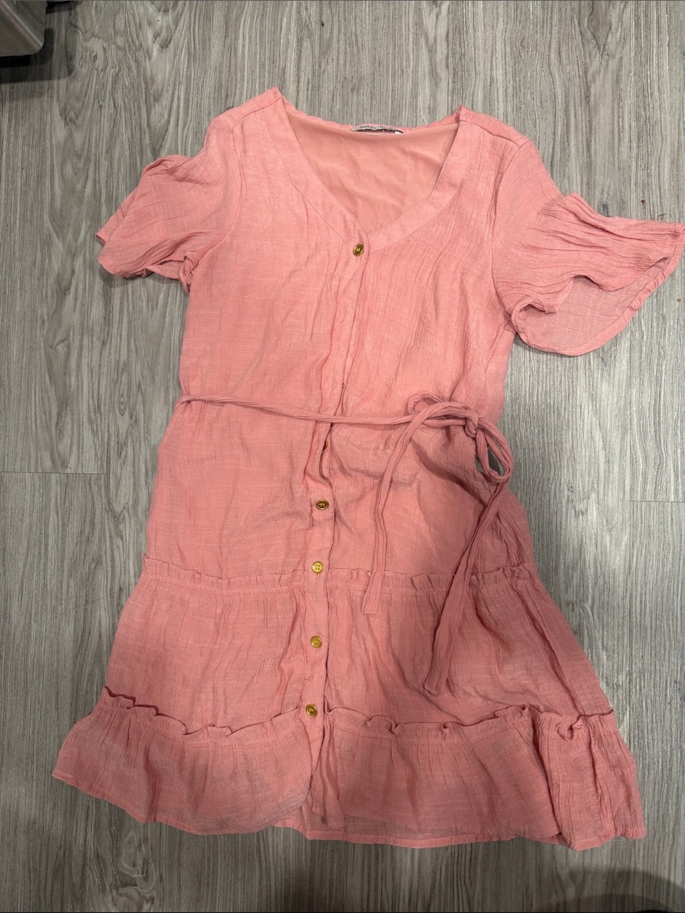 Girls' Pink Button-Front Ruffle Dress with Tie Waist